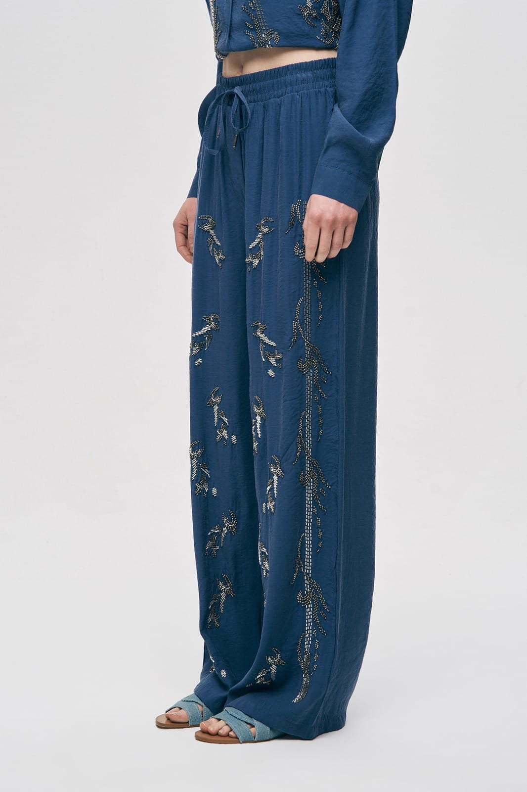Artisan Beaded Oversized Shirt & Wide-Leg Pant Set