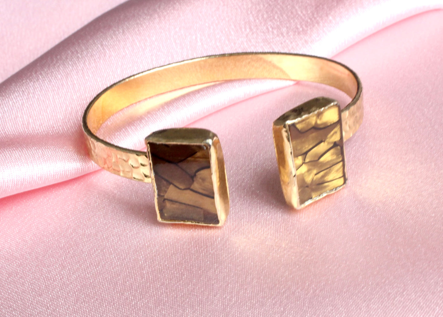 Gold Hammered Cuff Bracelet with Dual Smoky Marbled Stones
