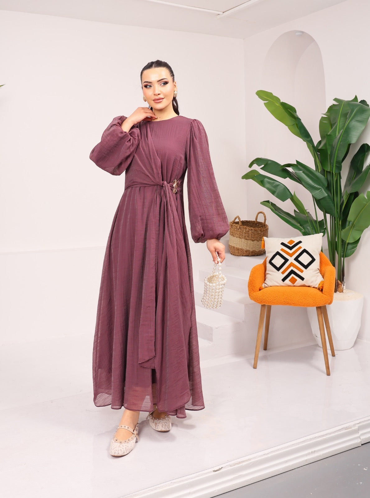 Serene Drape Maxi Dress – Elegant Sleeve Gown with Waist Sash