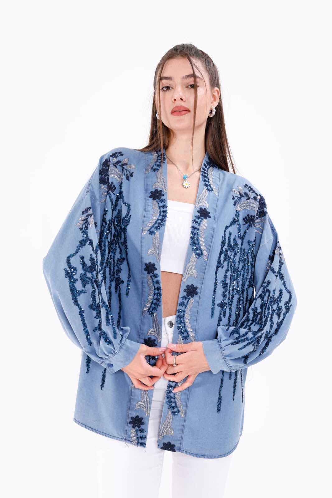 Cotton Embellished Kimono with Denim Effect