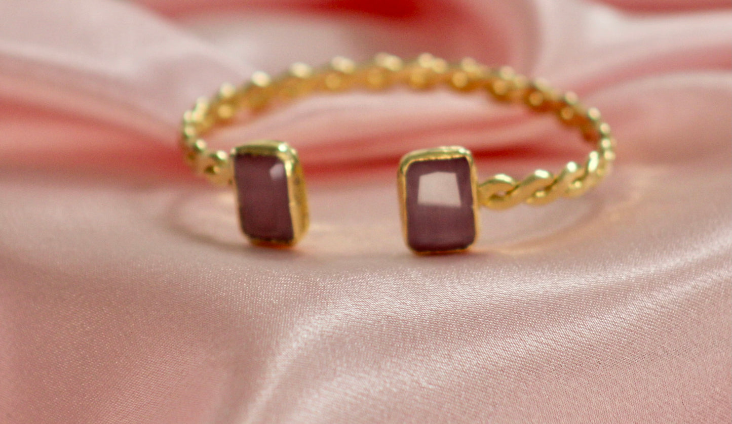 Gold-Plated Twisted Open Cuff Bracelet with Dual Stones