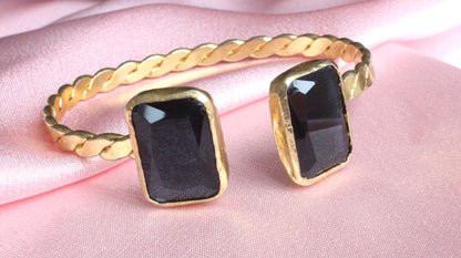 Gold-Plated Twisted Open Cuff Bracelet with Dual Stones