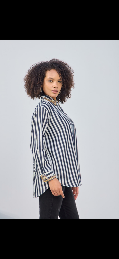 Embroidered Stripe Shirt with Diamond Details