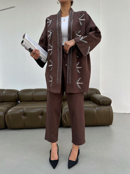 Embellished Jacket with Geometric Bead Detailing- Blue/ Beige & Brown