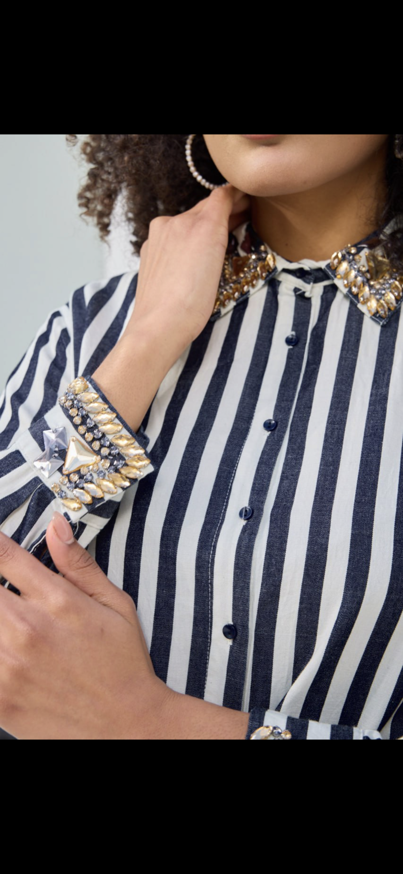 Embroidered Stripe Shirt with Diamond Details