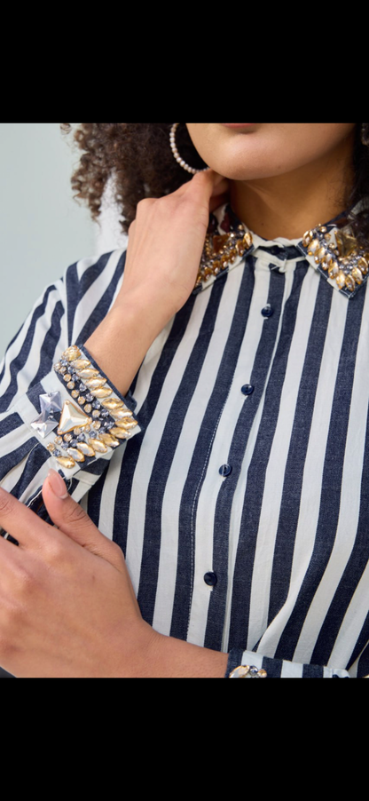 Embroidered Stripe Shirt with Diamond Details