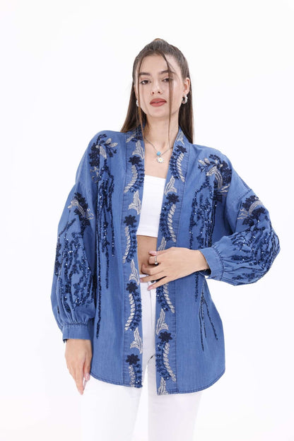 Cotton Embellished Kimono with Denim Effect