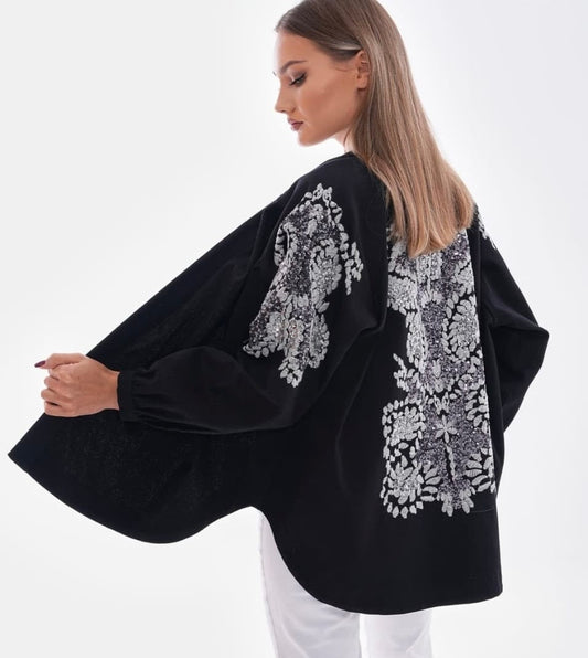 Embellished Black Kimono-Style Jacket with Silver Floral Embroidery