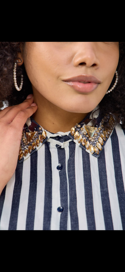 Embroidered Stripe Shirt with Diamond Details