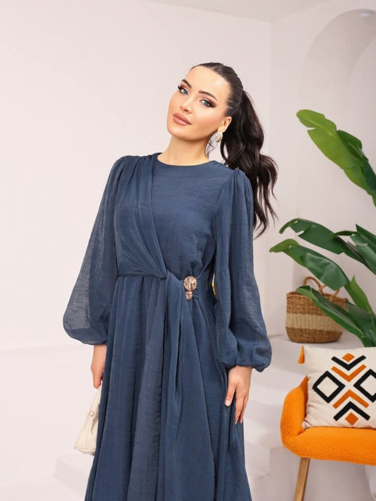 Serene Drape Maxi Dress – Elegant Sleeve Gown with Waist Sash