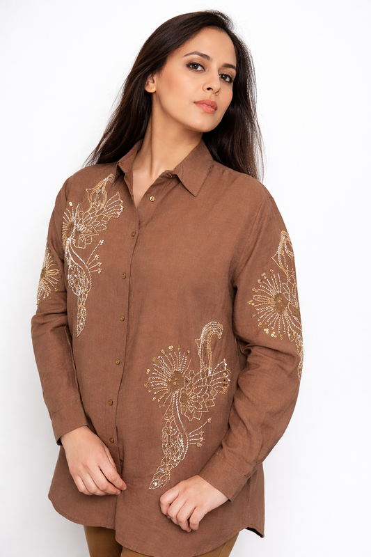 Artisanal Hand-Embellished Linen-Blend Button-Down Shirt