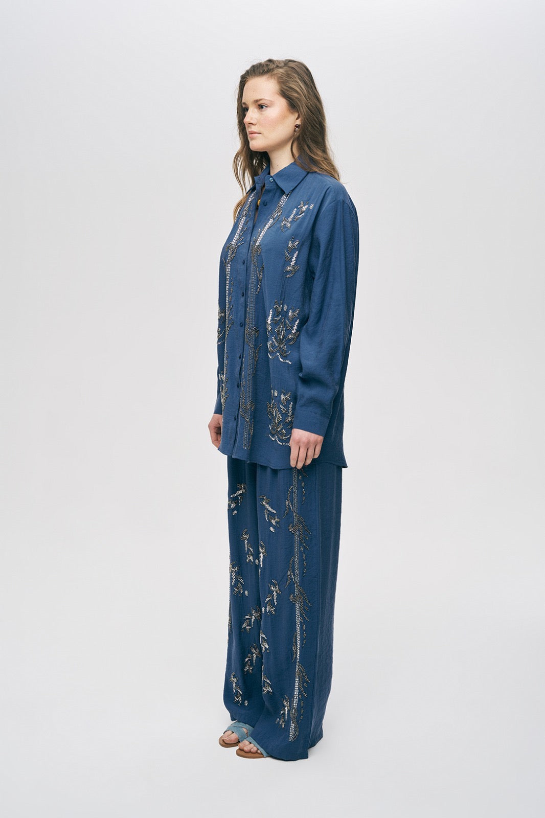 Artisan Beaded Oversized Shirt & Wide-Leg Pant Set