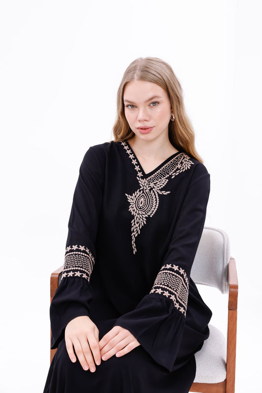 Elegant Embroidered Abaya Dress – Black, Green & Beige | Modest Long Sleeve Maxi