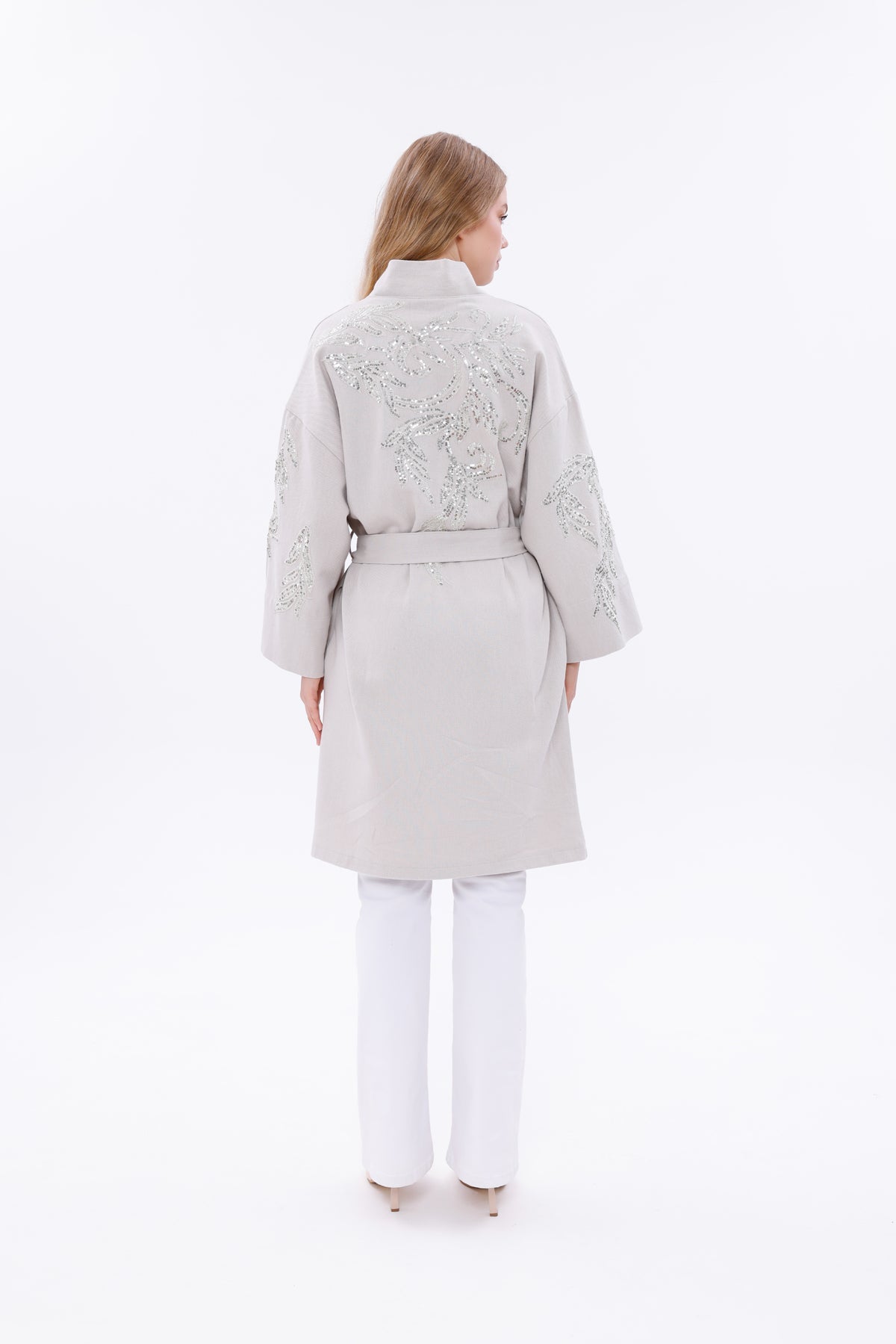 Belted Kimono Jacket with Embroidered Sleeves