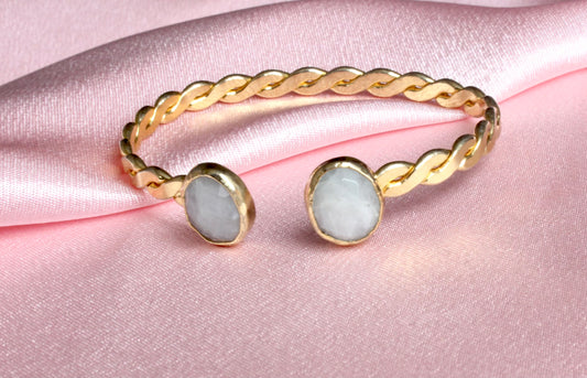 Gold-Plated Twisted Open Cuff Bracelet with Dual White Stones