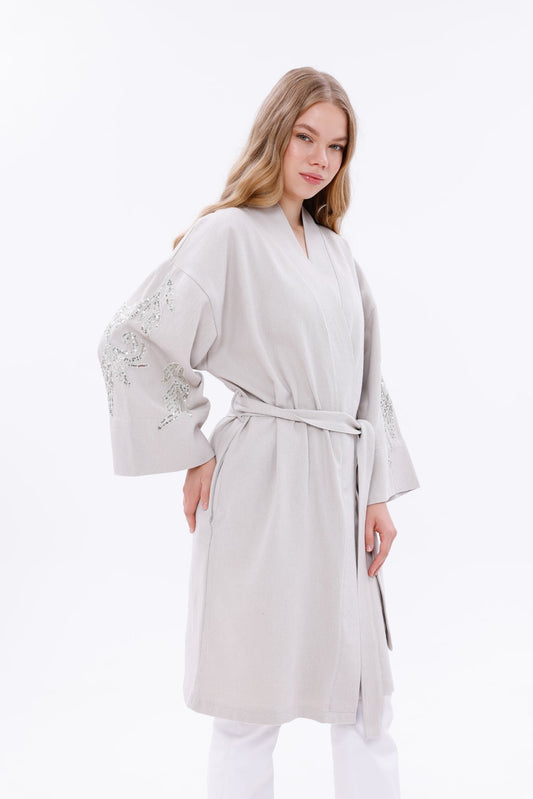 Belted Kimono Jacket with Embroidered Sleeves