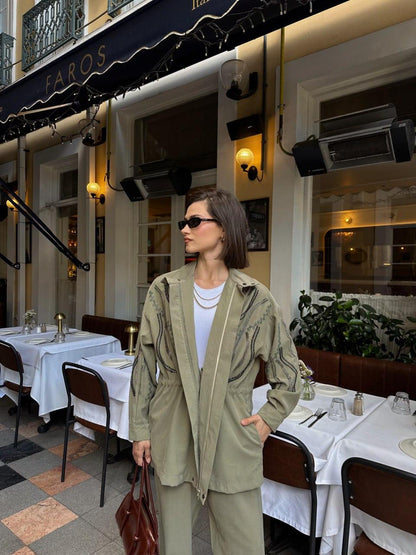 Embellished Co-Ord Set – Jacket and Wide-Leg Trousers- Khaki/ Beige