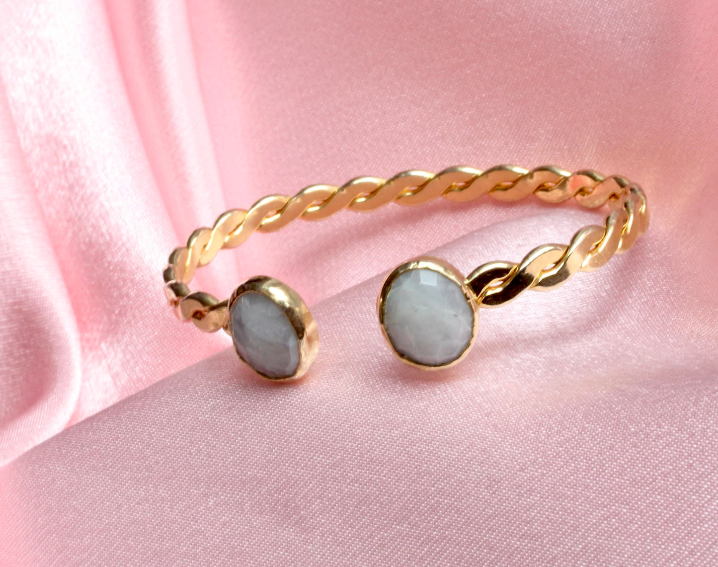 Gold-Plated Twisted Open Cuff Bracelet with Dual White Stones
