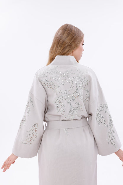 Belted Kimono Jacket with Embroidered Sleeves