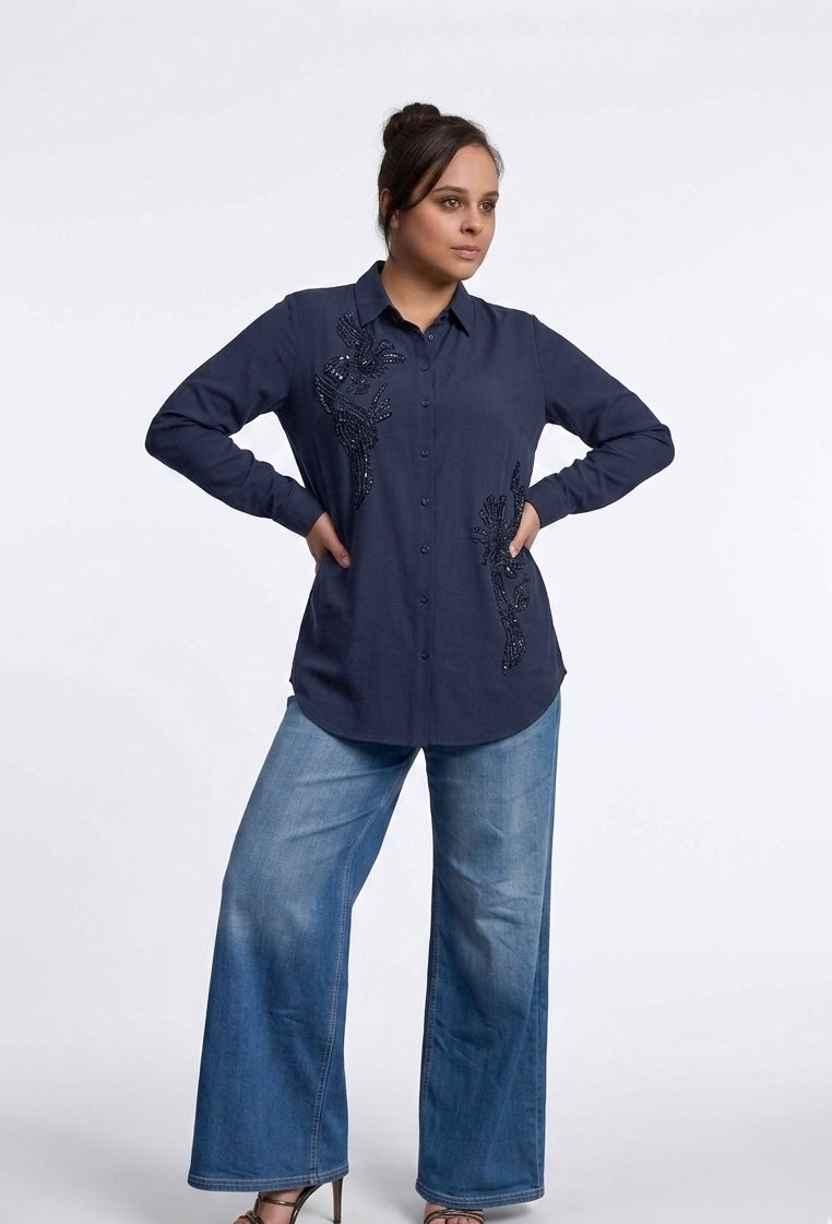 Artisanal Hand-Embellished Linen-Blend Button-Down Shirt