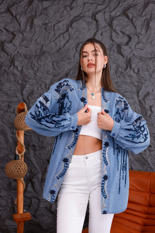 Cotton Embellished Kimono with Denim Effect
