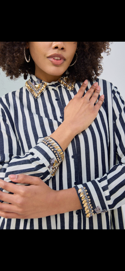 Embroidered Stripe Shirt with Diamond Details