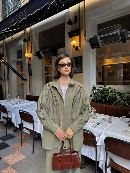 Embellished Co-Ord Set – Jacket and Wide-Leg Trousers- Khaki/ Beige