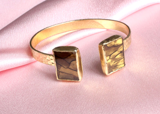 Gold Hammered Cuff Bracelet with Dual Smoky Marbled Stones