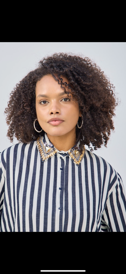 Embroidered Stripe Shirt with Diamond Details
