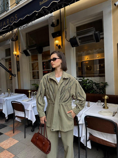 Embellished Co-Ord Set – Jacket and Wide-Leg Trousers- Khaki/ Beige