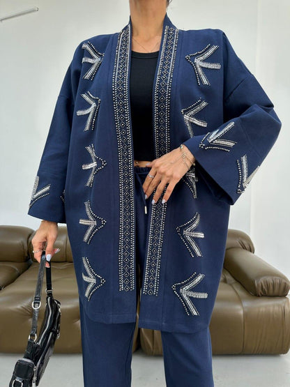 Embellished Jacket with Geometric Bead Detailing- Blue/ Beige & Brown