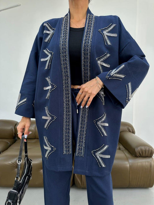 Embellished Jacket with Geometric Bead Detailing- Blue/ Beige & Brown