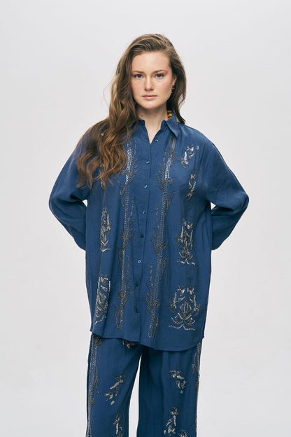 Artisan Beaded Oversized Shirt & Wide-Leg Pant Set