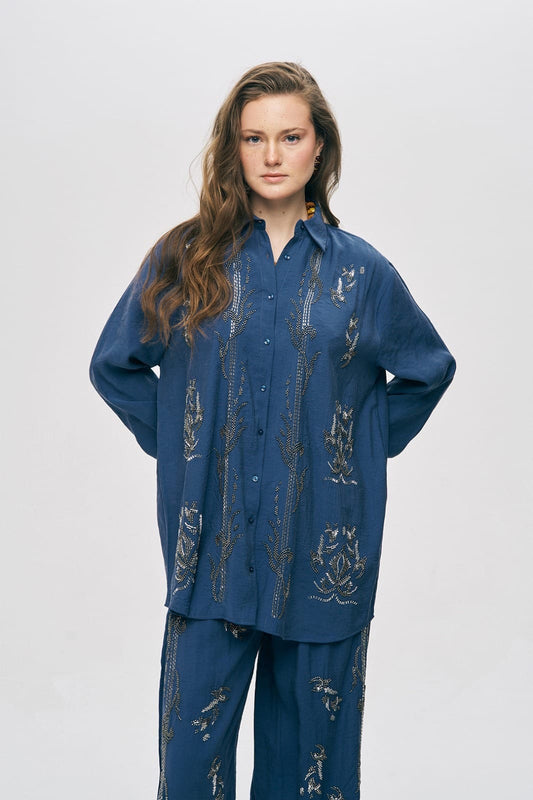 Rust Embellished Button-Down Tunic and Wide-Leg Trouser Set