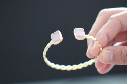 Gold-Plated Twisted Open Cuff Bracelet with Dual Stones