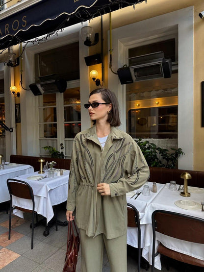 Embellished Co-Ord Set – Jacket and Wide-Leg Trousers- Khaki/ Beige