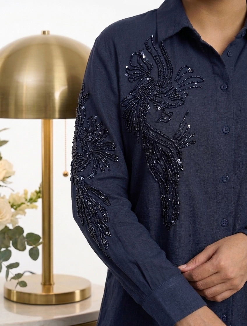 Artisanal Hand-Embellished Linen-Blend Button-Down Shirt