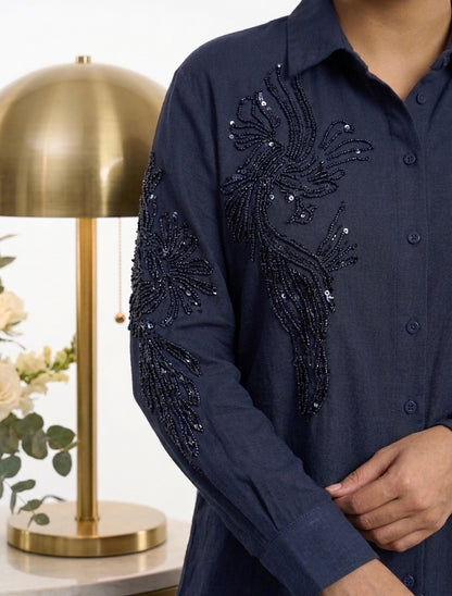 Artisanal Hand-Embellished Linen-Blend Button-Down Shirt