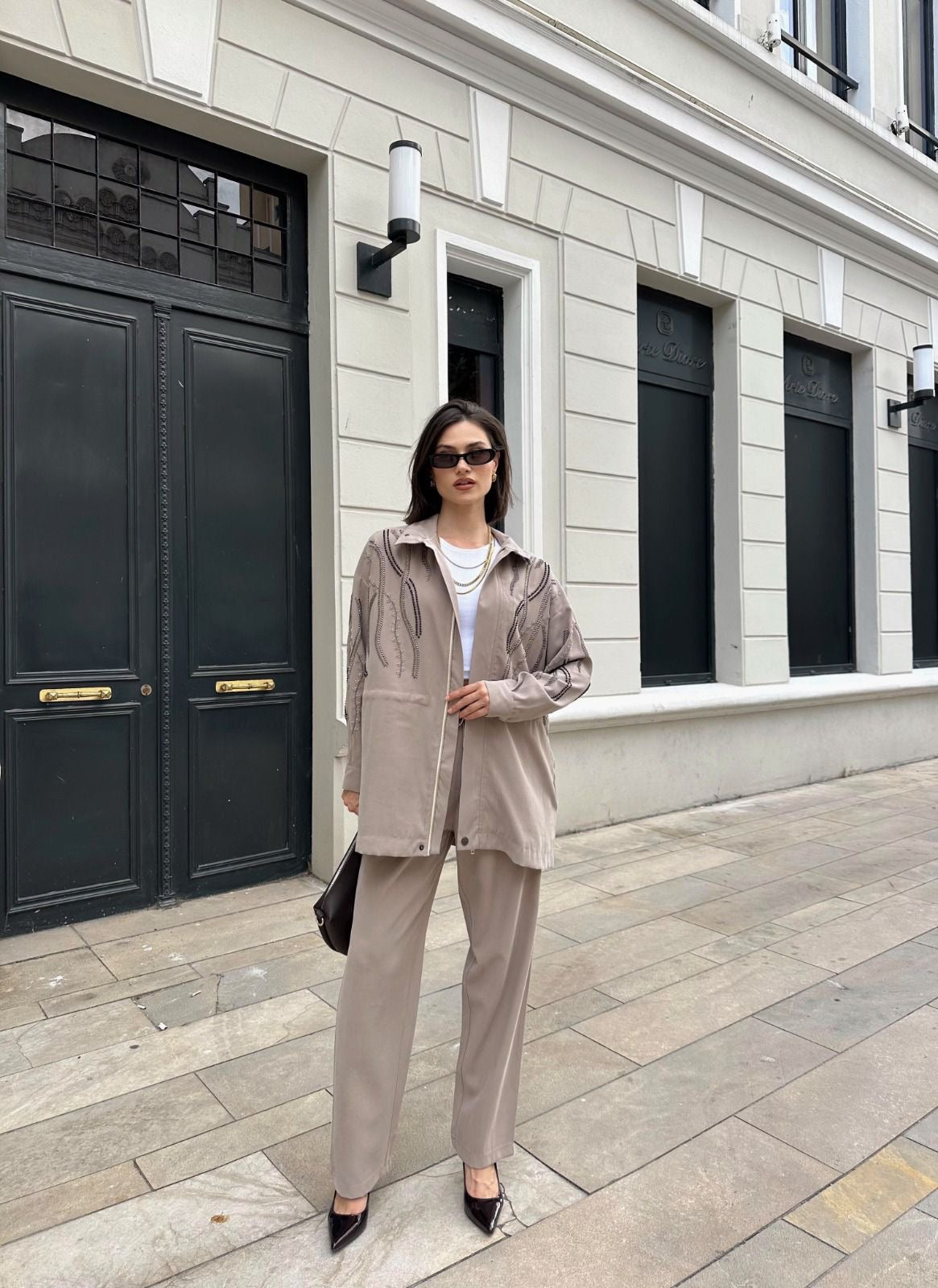 Embellished Co-Ord Set – Jacket and Wide-Leg Trousers- Khaki/ Beige