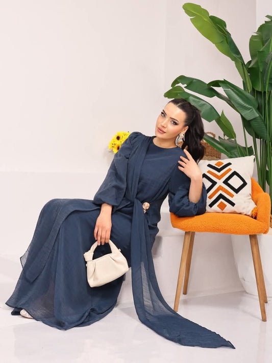 Serene Drape Maxi Dress – Elegant Sleeve Gown with Waist Sash