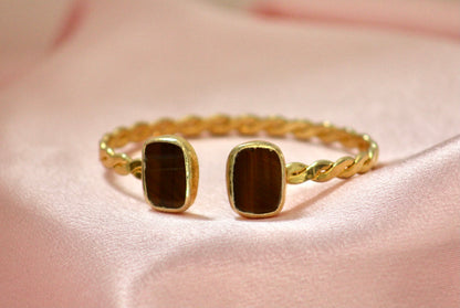 Gold-Plated Twisted Open Cuff Bracelet with Dual Stones