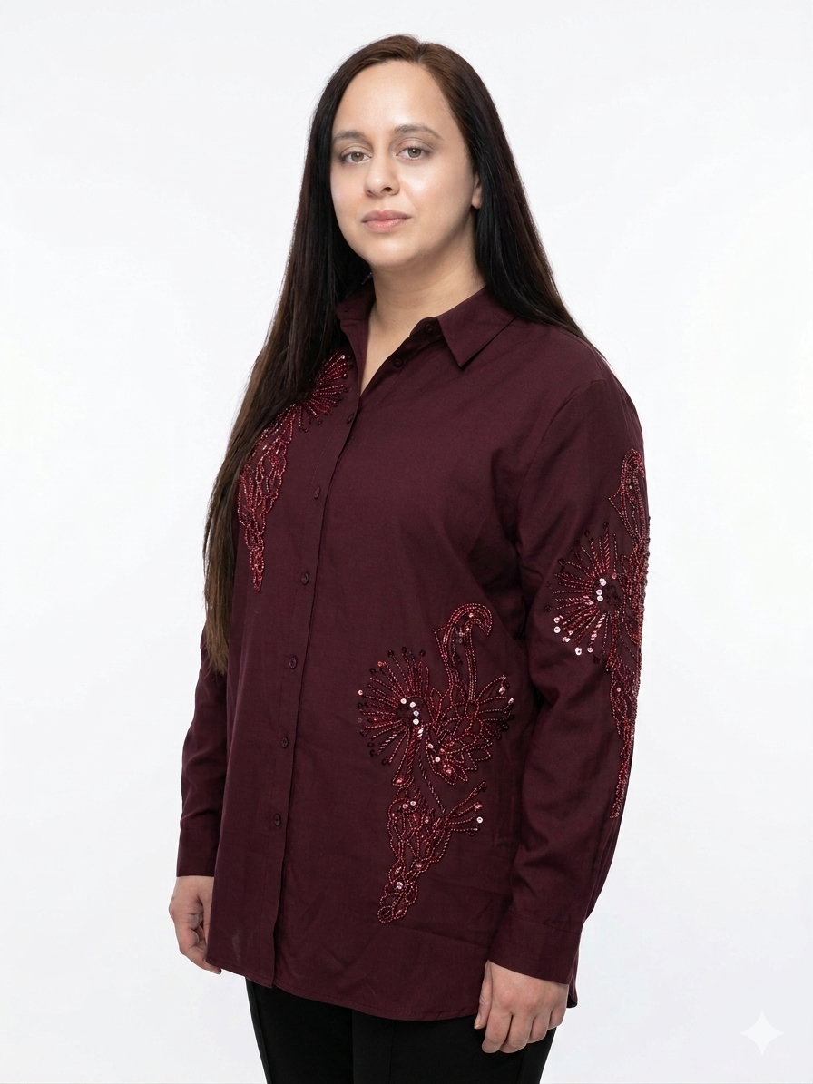 Artisanal Hand-Embellished Linen-Blend Button-Down Shirt