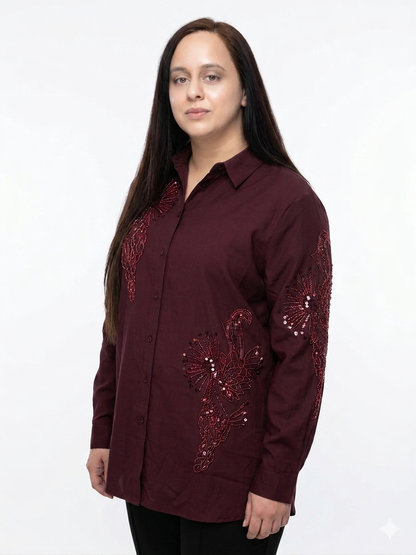 Artisanal Hand-Embellished Linen-Blend Button-Down Shirt