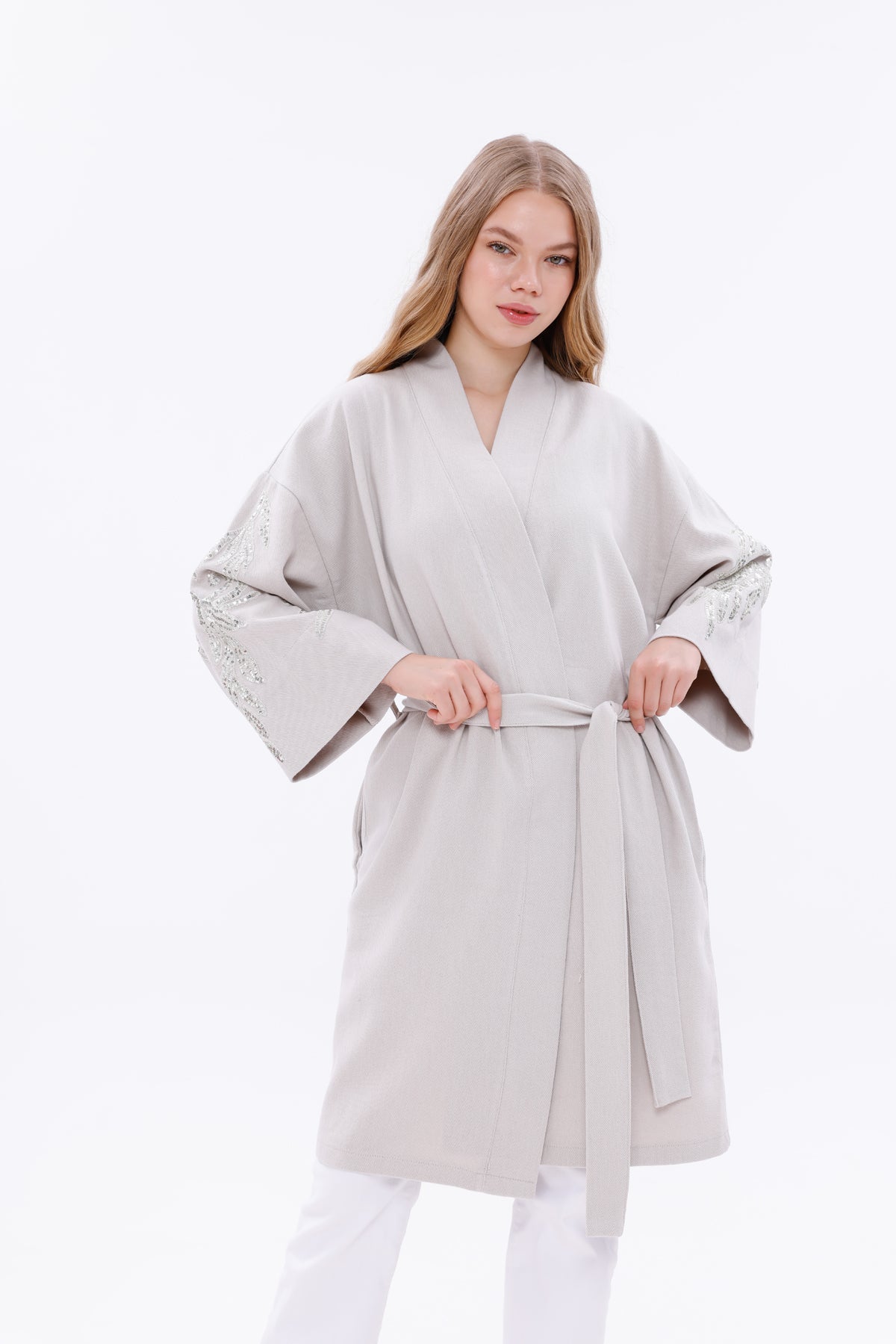 Belted Kimono Jacket with Embroidered Sleeves