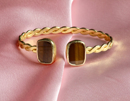 Gold-Plated Twisted Open Cuff Bracelet with Dual Stones