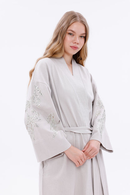 Belted Kimono Jacket with Embroidered Sleeves