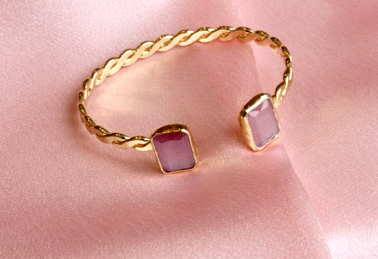 Gold-Plated Twisted Open Cuff Bracelet with Dual Stones