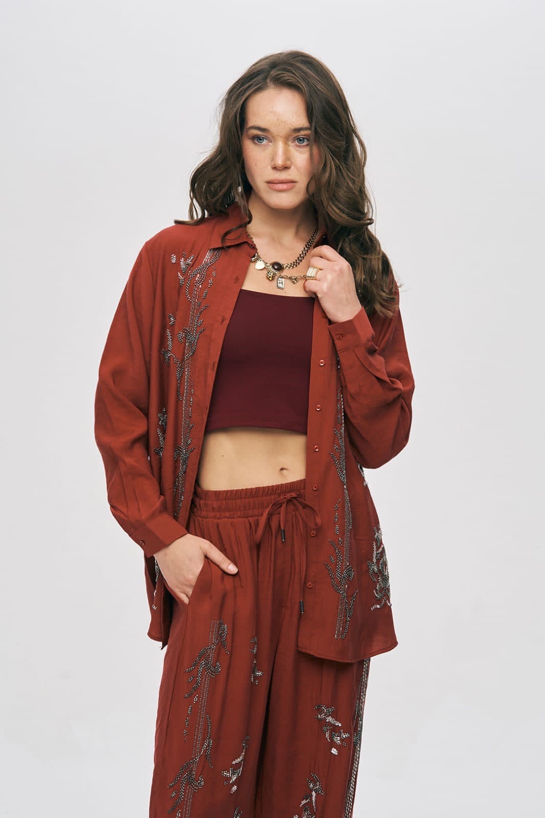Artisan Beaded Oversized Shirt & Wide-Leg Pant Set