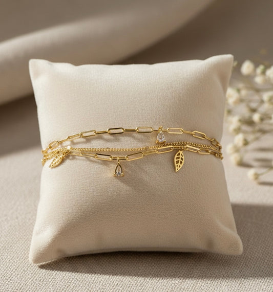 Triple-Layered Paperclip Bracelet with Leaf & Teardrop Charms