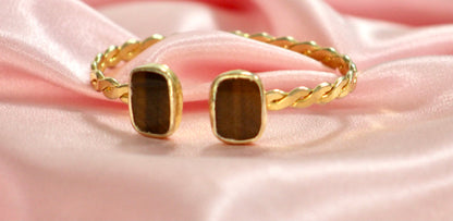 Gold-Plated Twisted Open Cuff Bracelet with Dual Stones